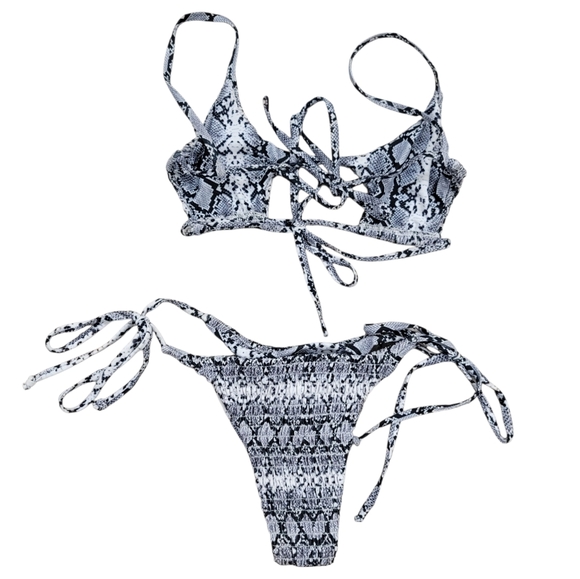 SHEIN Black and White Snake Print Cutout Bikini with Tie-Side Bottoms - Picture 2 of 6